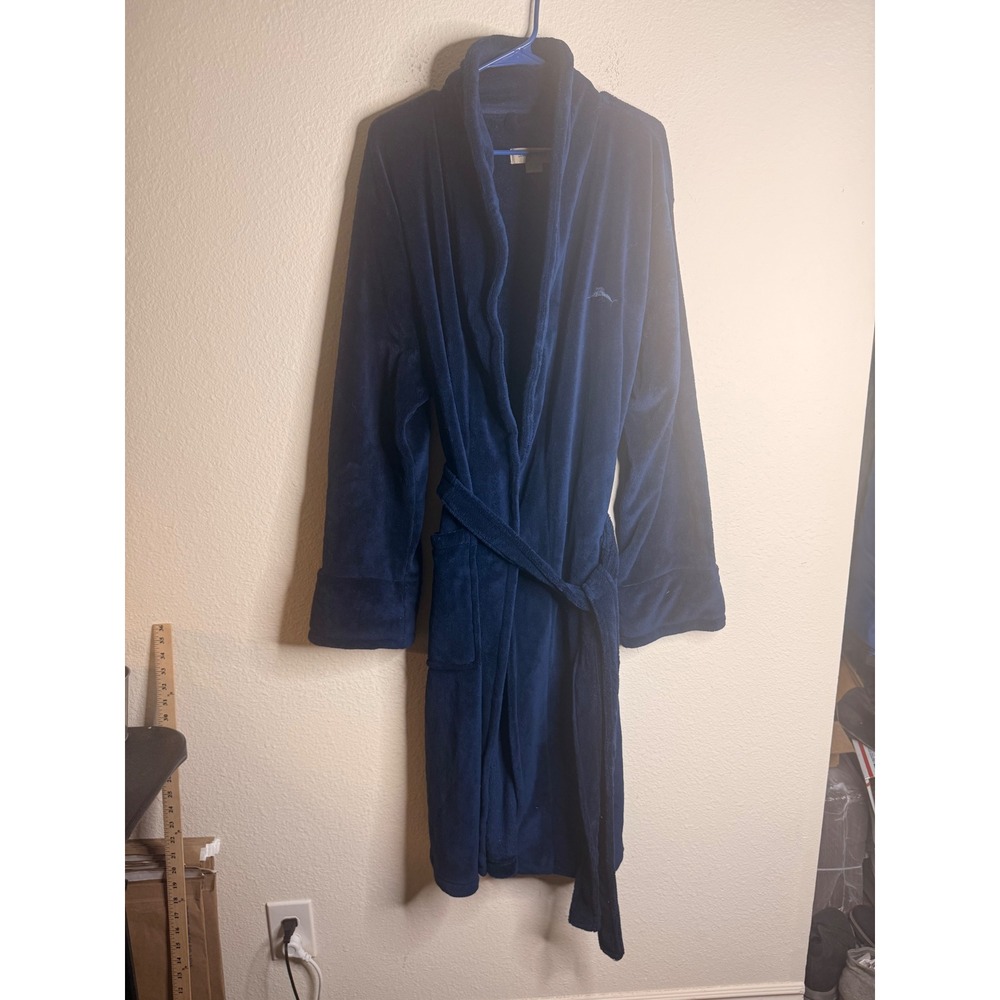 Tommy Bahama Mens Bathrobe L/XL Blue Plush Fleece Robe Embroidered Marlin Logo